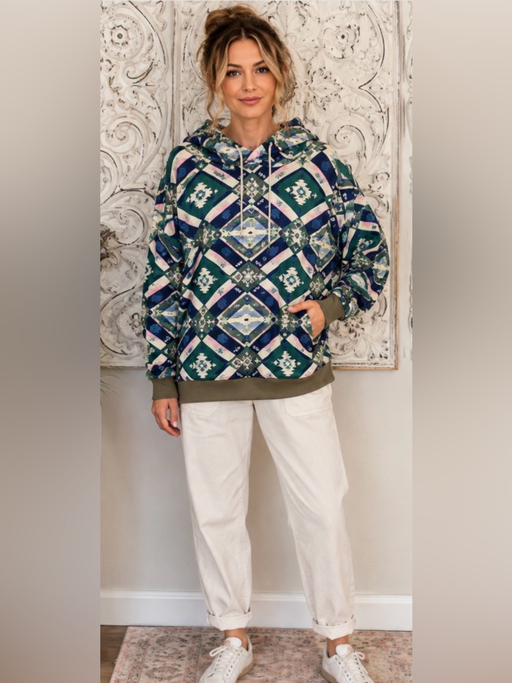 Southwest Geometric Print Oversized Hoodie Large Boho Pullover Blue Green